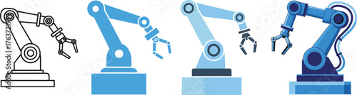 Robotic arm illustration, industrial automation, vector set, mechanical technology, engineering tool, factory robot, AI machinery, blue design, editable graphic