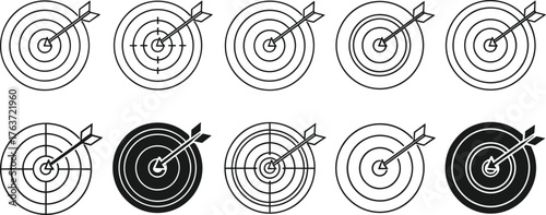 Target icon set, arrow hitting bullseye, precision symbol, goal achievement graphic, accuracy indicator, business performance vector, marketing UI design
