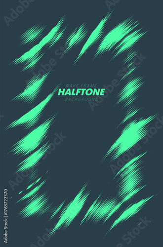 Abstract vector torn halftone fluid wavy rectangle frame. Scratched dotted pop art dynamic frame.