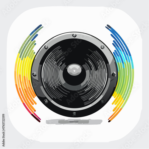 Vibrant vector illustration of a powerful audio speaker with colorful, expanding sound waves, perfect for music applications, sound systems, and modern audio technology themes