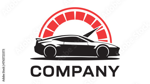 Automotive service company logo featuring sports car and speedometer emblem vector