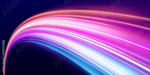 Abstract light trails twist and flow through a digital space, creating a sense of movement and speed. The glowing paths suggest energy and dynamic motion. Ideal for tech visuals.