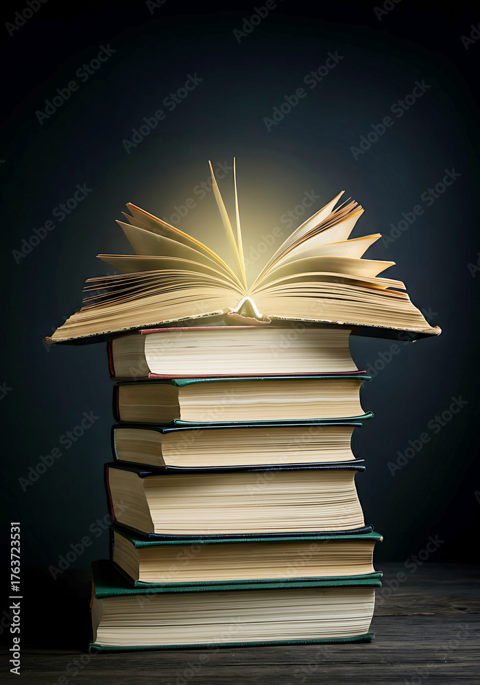 Fototapeta premium Stack of vintage books with open book emitting light representing knowledge wisdom and education on a dark background