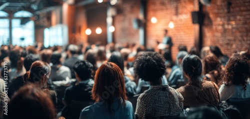 The audience listening attentively to a speaker during a modern indoor conference event