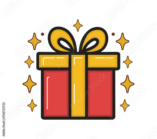 Red gift box with yellow ribbon and sparkles, ideal for festive, birthday, or holiday-themed design and celebration graphics.