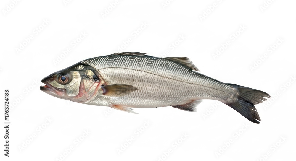 Fototapeta premium Silver fish with dark stripes, side view, isolated on white background