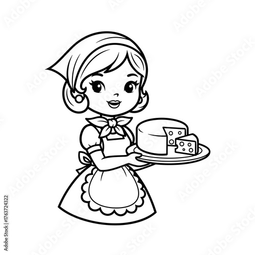 A cute kawaii hostess cheerfully serves a wheel of cheese on a platter. A minimalist vector illustration in doodle style. Drawn with thin, bright brown lines, it resembles a pencil or pen drawing.