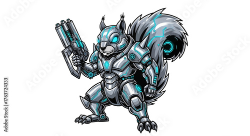 Futuristic armored squirrel warrior ready for battle with glowing weapon, adding a dynamic and playful twist to sci-fi and gaming concepts