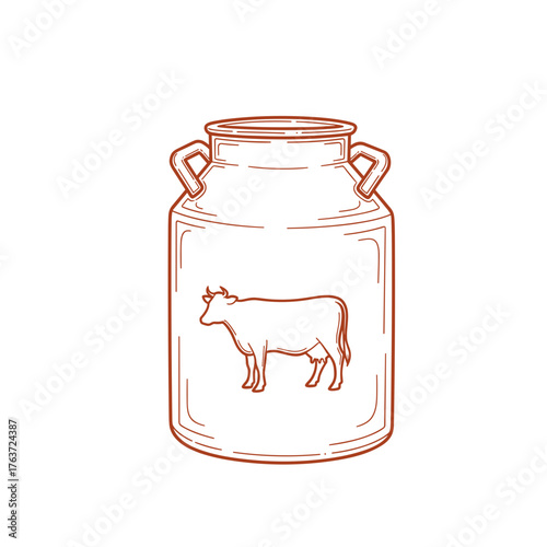 A milk jug with a cow silhouette. A minimalist vector illustration in doodle style. Drawn with thin, bright brown lines, it resembles a pencil or pen drawing.