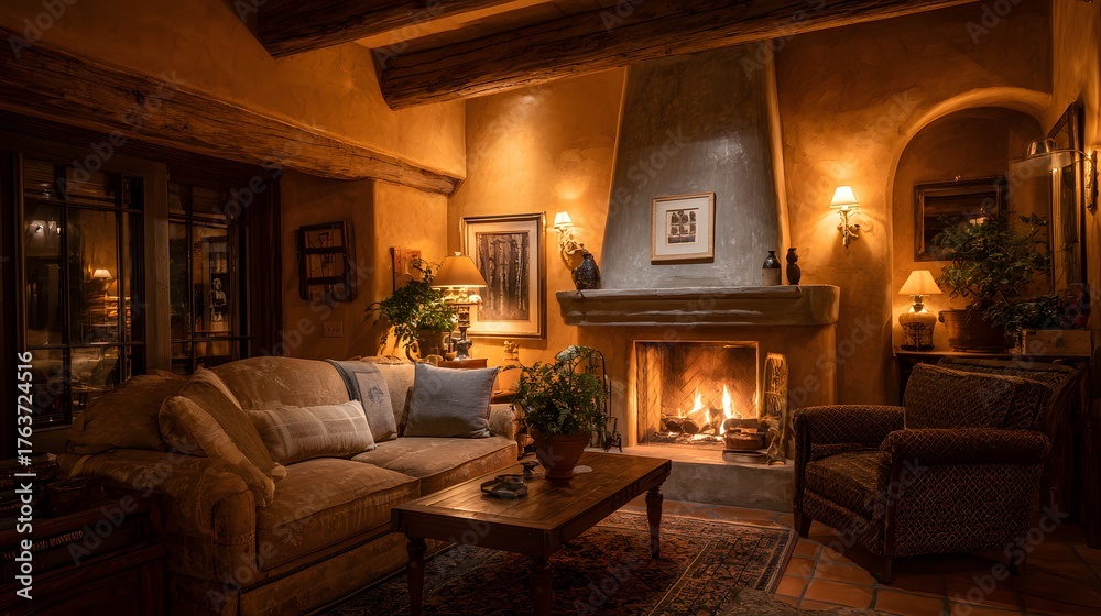 Fototapeta premium Cozy interior living space glows warmly with a substantial stone fireplace and comfortable seating