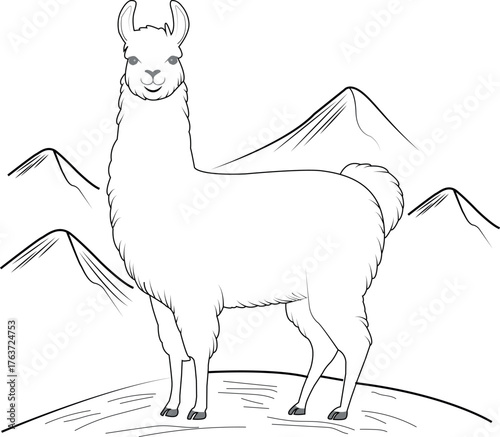 Llama line art illustration, alpaca outline drawing with mountains background, black and white vector sketch for coloring page