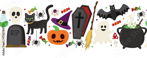Seamless border with Halloween elements isolated on white. Horizontal pattern with ghost, bat, candies, skull, bone, cauldron, spiders, cat, potions, coffin etc