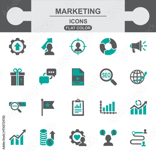 Digital Marketing Flat Color Icons: SEO, Social Media, Conversion, Target, Business Growth, Analytics, Strategy, Sales & Finance Vector Set for Web & App.