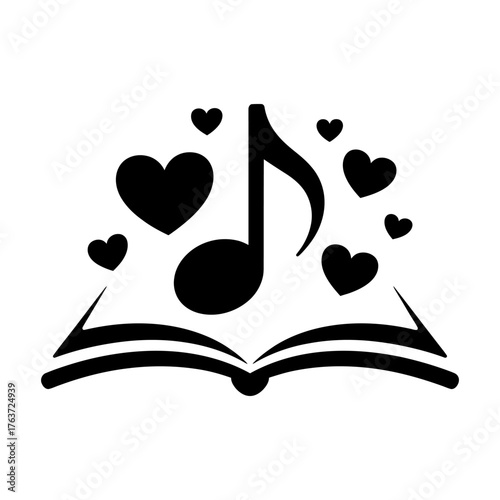 black hearts, musical note blowing of a open note book icon Silhouette vector style on white background