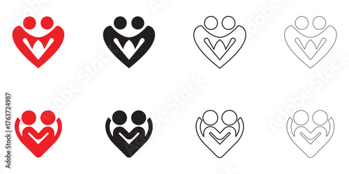 couple love heart romantic vector icon set, romance love shape vector illustration, silhouette and line art