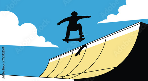 Skateboarder silhouette performing trick on ramp extreme sport vector