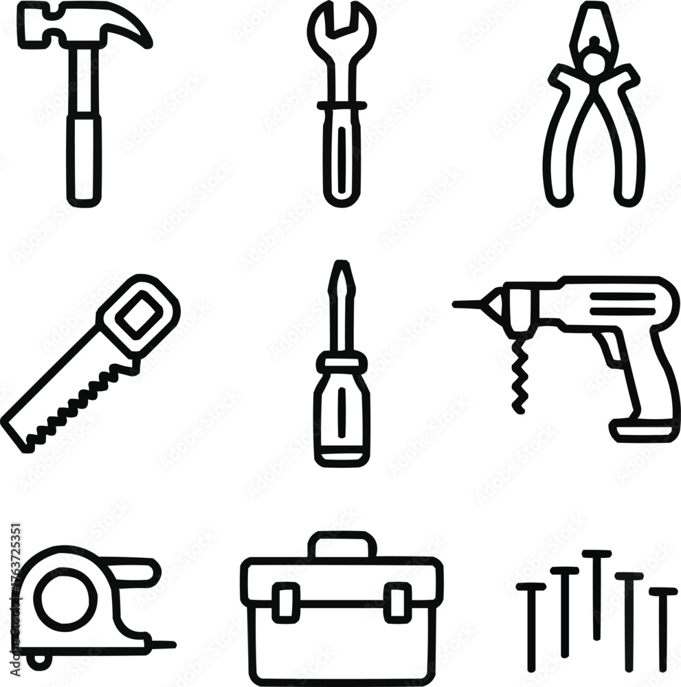 Obraz premium Construction Tools Outline Icons Set Hand Tools and Workshop Equipment