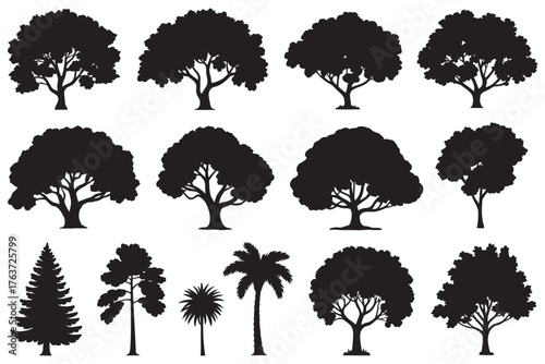 Diverse collection of black tree silhouettes for design projects and nature themes