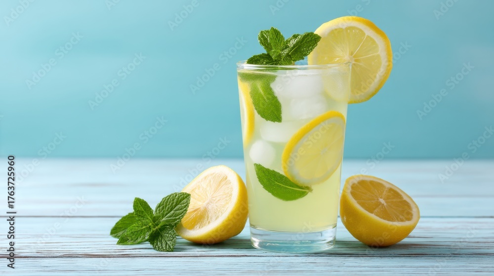Fototapeta premium Refreshing Lemonade Drink with Ice and Mint Garnish in a Clear Glass on a Calm Summer Day, Perfect for Hydration and Enjoyment
