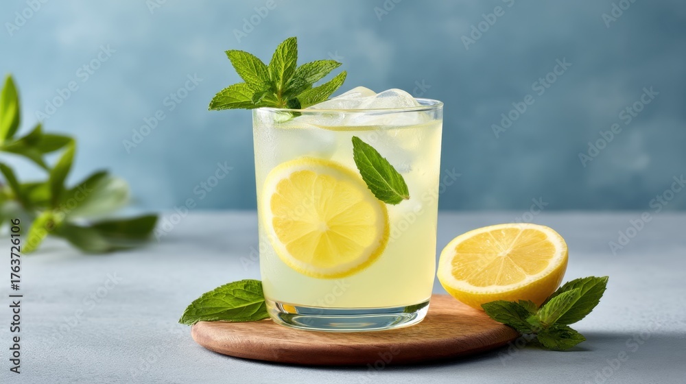 Fototapeta premium Refreshing Glass of Lemonade with Ice and Mint on a Summer Day against a Soft Blue Background