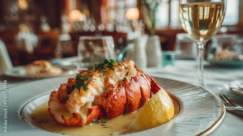 Close up of lobster tail with lemon and parsley on a plate with wine in a restaurant setting