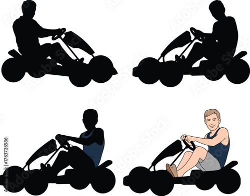 Go-kart driver silhouette and full-color illustration showing racing posture, steering action, vector design for motorsport, activity, and character concept