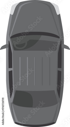 Gray car top view, vector monochrome automobile sedan car, urban civilian vehicle for driving, passenger transport above