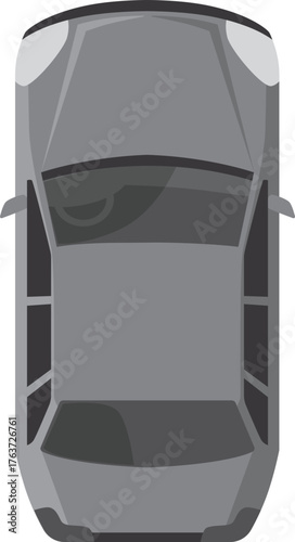 Gray car top view, urban civilian vehicle for driving, vector monochrome automobile sedan car, passenger transport above