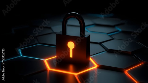 Illuminated padlock rests upon a dark, glowing hexagonal digital platform