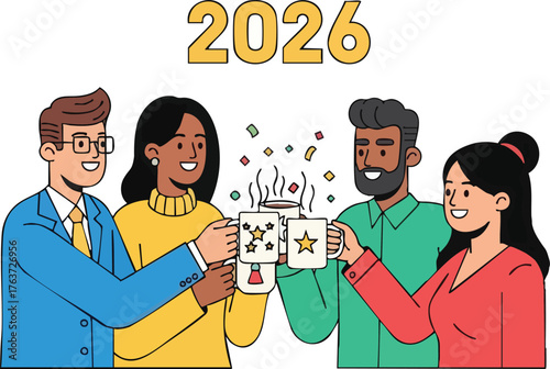 Group of diverse people toasting mugs celebrating new year 2026.