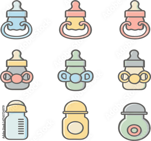 Baby Pacifier and Bottle Icons Vector Set on White Background