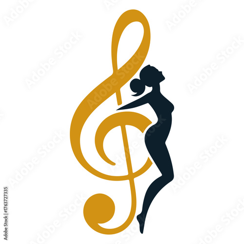 A woman's silhouette dancing gracefully with a treble clef. The artistic image shows a harmonious blend of music and dance, portraying elegance and movement