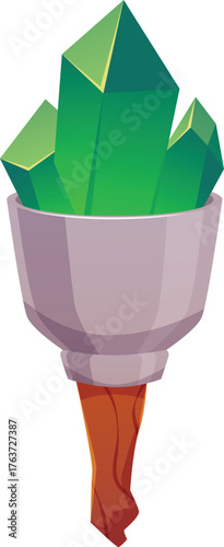 Magic wand, wooden stick, stone with green crystals, vector cartoon wizard rod, witch scepter with glow gem, game torch