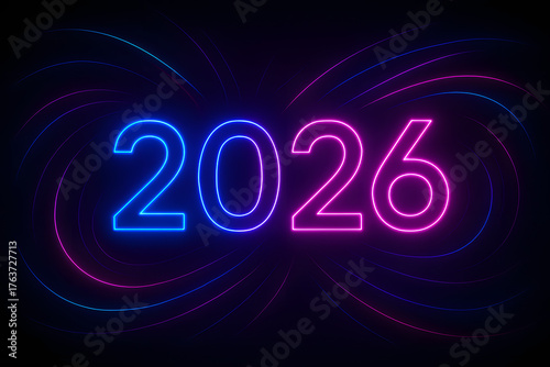 Futuristic New Year 2026 background with glowing neon lines, abstract light trails, and vibrant colors of blue, pink, and purple. Perfect for modern celebration designs, digital greetings, or technolo