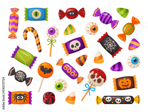 Halloween candy set. Holiday sweets. Hand drawn trendy flat style isolated on transparent background. for stickers, menus, apps, posters, design. Vector illustration