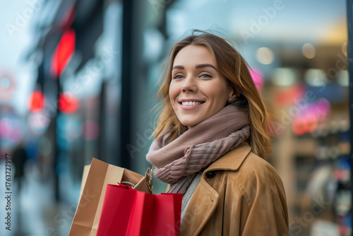 A woman is holding shopping bags and smiling. black friday, deal,