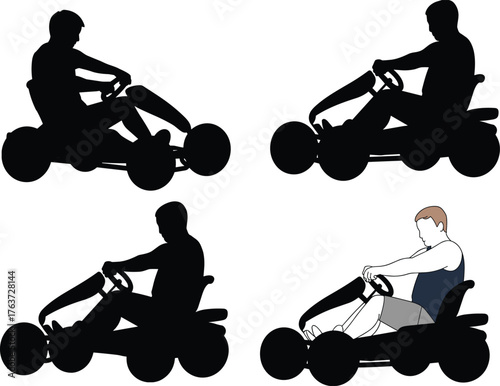 Silhouette and color illustration of man riding go kart showing side view racing posture, driving activity, speed, sports and entertainment concept