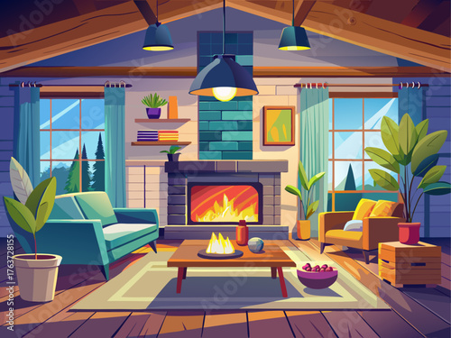 Realistic vector illustration of modern living room interior with burning fireplace, wooden floor, soft warm lighting, cozy atmosphere, detailed home decor scene