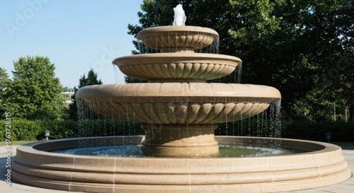 Tiered stone fountain in a garden, with water flowing