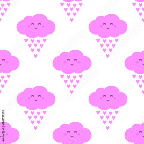 Romantic seamless pattern with pink clouds on white background. Baby print