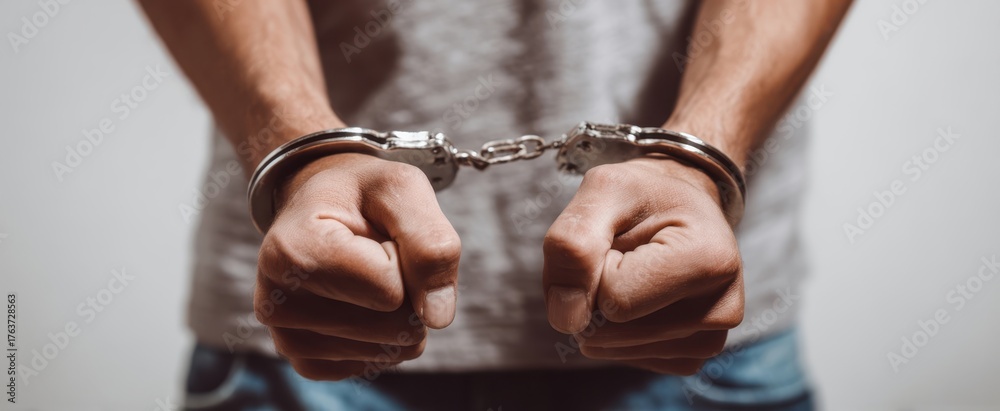 Naklejka premium The handcuffed hands of a person wearing casual shirt and jeans, close-up