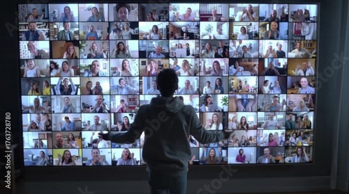 A person stands silhouetted against a vast digital wall display, observing a multitude of faces in a large-scale virtual conference, symbolizing modern remote work and global online collaboration