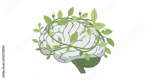 Illustration of a brain with green vines and leaves growing around it on a white background.