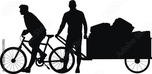 Silhouette of bicycle with cargo trailer and two people transporting goods, black vector illustration for delivery, teamwork, and eco transport concept
