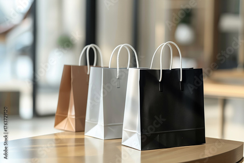 Three bags of different colors are on a table. black friday, deal,