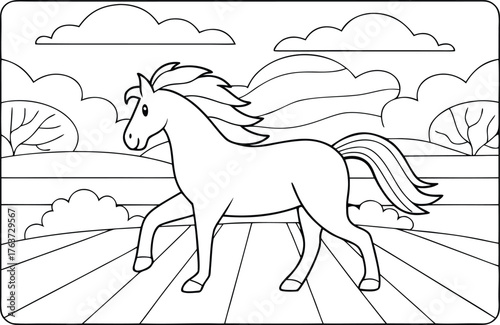 Strong horse running through a picturesque open field with clouds and distant trees for children to color