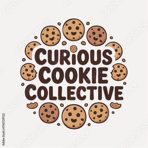 curious cookie collective — communal cookie-circle wordmark with smiling cookie characters and crumb accents, bakery sticker and brand-bundle headline for food studios and small shops