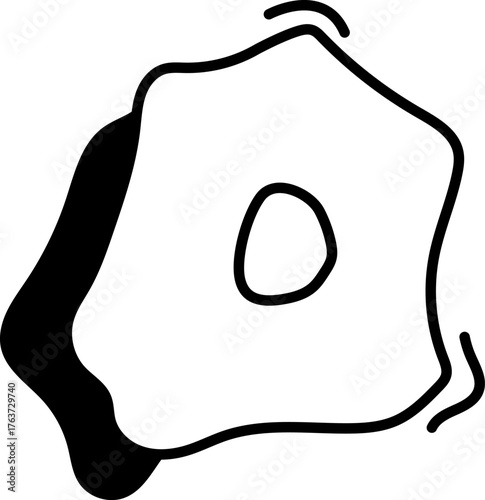 An abstract illustration of a fried egg, with a black outline and shadows.