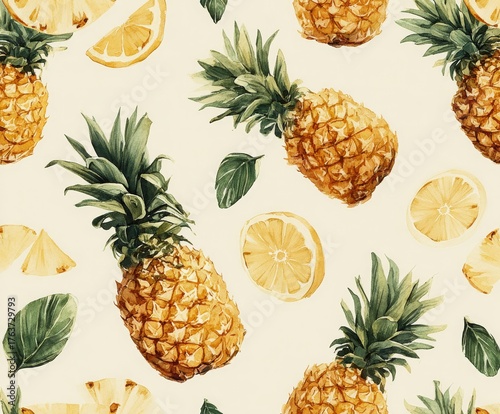 Watercolor seamless pattern with lovely pineapples and pineapple slices illustrations