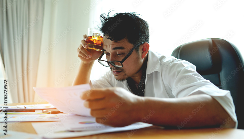 Naklejka premium Alcohol consumption in the workplace, emotional state, work-related problems and accumulated stress, anxiety and suicidal thinking. Businessman at a desk with documents.